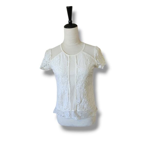 Express Tops - Express Lacey Keyhole Back Short Sleeved Blouse